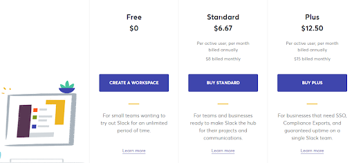 Slack Pricing Page